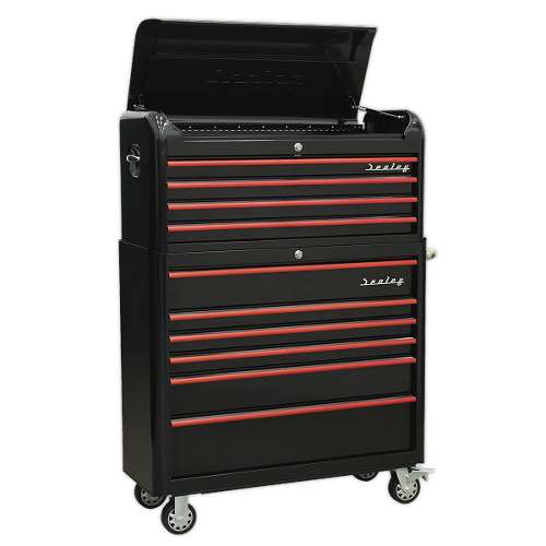 Retro Style Wide Topchest & Rollcab Combination 10 Drawer-Black with Red Anodised Drawer Pull